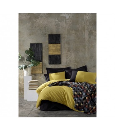 Cotton Box Plain Battaniyeli Hardal Siyah bedding set with a blanket